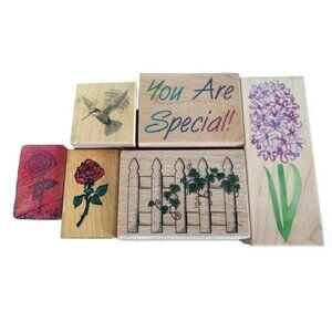 Wood Mounted Rubber Stamp Lot Flowers Fence Hummingbird Roses You Are Special